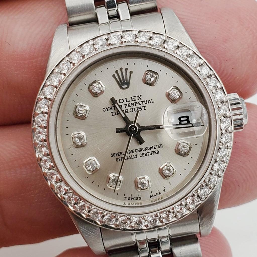 Ladies Rolex 26mm DateJust Stainless Steel Watch with Silver Diamond Dial and Diamond Bezel. (Pre-Owned 69174)