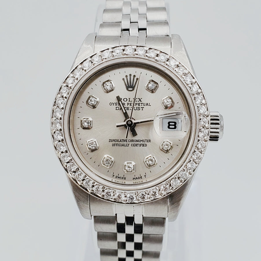 Ladies Rolex 26mm DateJust Stainless Steel Watch with Silver Diamond Dial and Diamond Bezel. (Pre-Owned 69174)