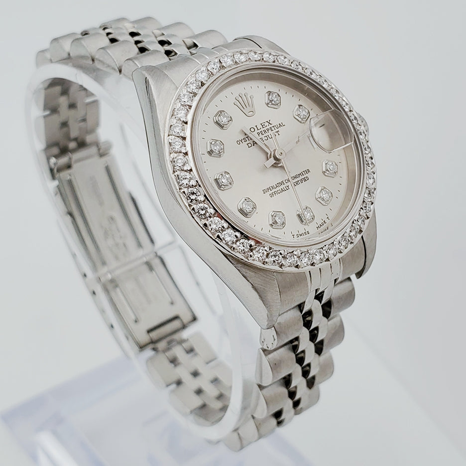 Ladies Rolex 26mm DateJust Stainless Steel Watch with Silver Diamond Dial and Diamond Bezel. (Pre-Owned 69174)