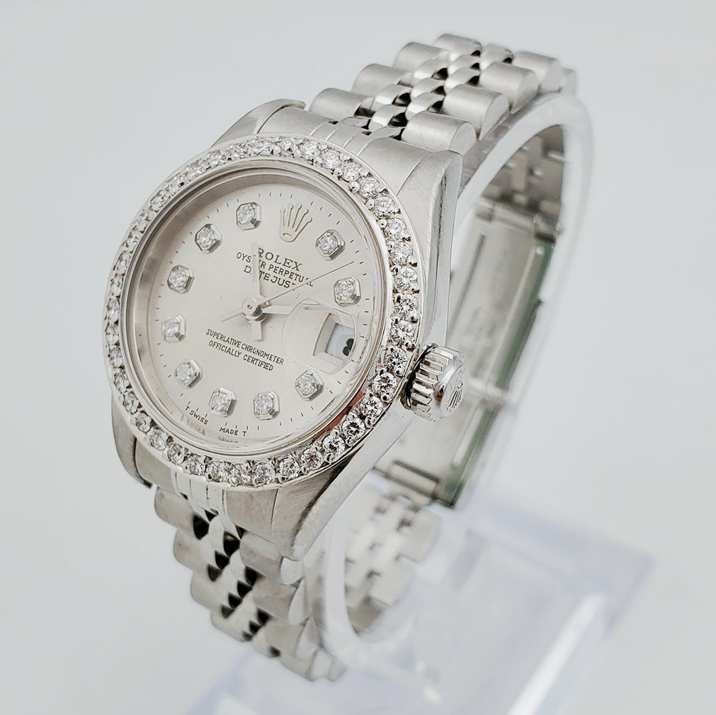 Ladies Rolex 26mm DateJust Stainless Steel Watch with Silver Diamond Dial and Diamond Bezel. (Pre-Owned 69174)