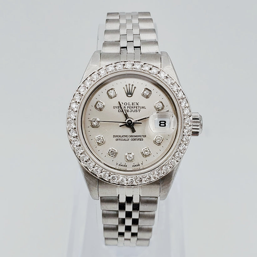 Ladies Rolex 26mm DateJust Stainless Steel Watch with Silver Diamond Dial and Diamond Bezel. (Pre-Owned 69174)