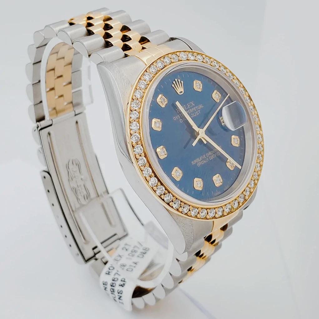 Men's Rolex 36mm DateJust 18K Gold / Stainless Steel Two Tone Watch with Blue Diamond Dial and Diamond Bezel. (NEW 16233)