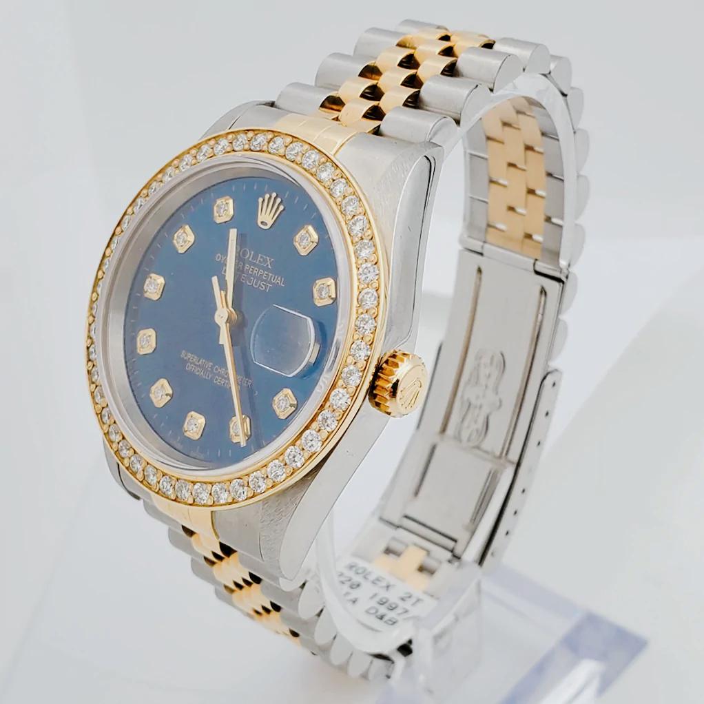 Men's Rolex 36mm DateJust 18K Gold / Stainless Steel Two Tone Watch with Blue Diamond Dial and Diamond Bezel. (NEW 16233)