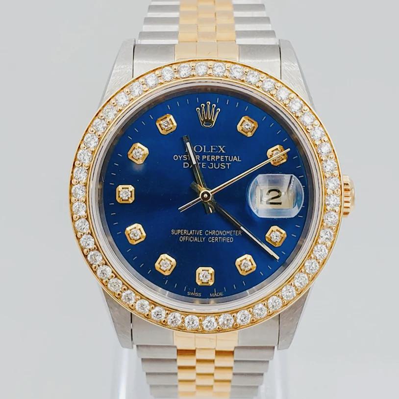 Men's Rolex 36mm DateJust 18K Gold / Stainless Steel Two Tone Watch with Blue Diamond Dial and Diamond Bezel. (NEW 16233)