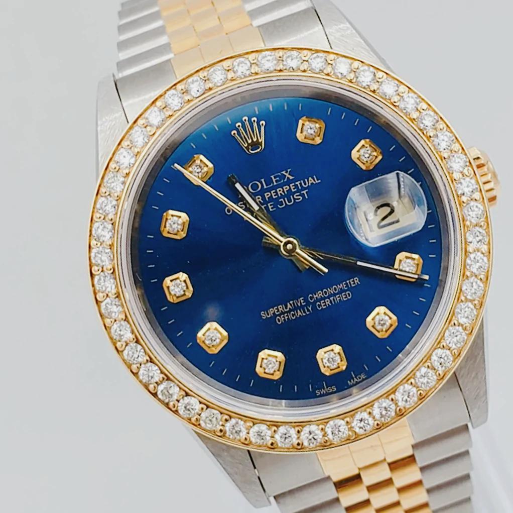 Men's Rolex 36mm DateJust 18K Gold / Stainless Steel Two Tone Watch with Blue Diamond Dial and Diamond Bezel. (NEW 16233)