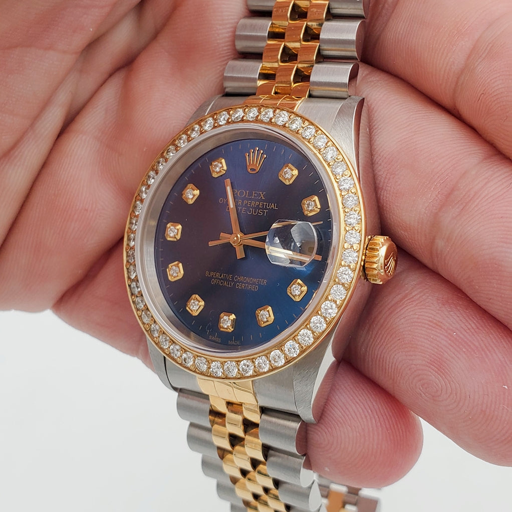 Men's Rolex 36mm DateJust 18K Gold / Stainless Steel Two Tone Watch with Blue Diamond Dial and Diamond Bezel. (NEW 16233)