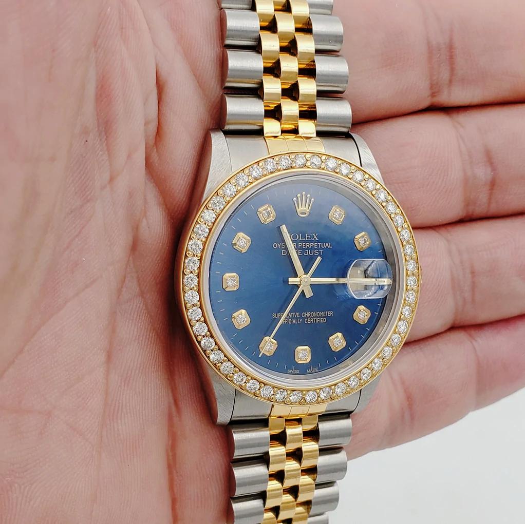 Men's Rolex 36mm DateJust 18K Gold / Stainless Steel Two Tone Watch with Blue Diamond Dial and Diamond Bezel. (NEW 16233)