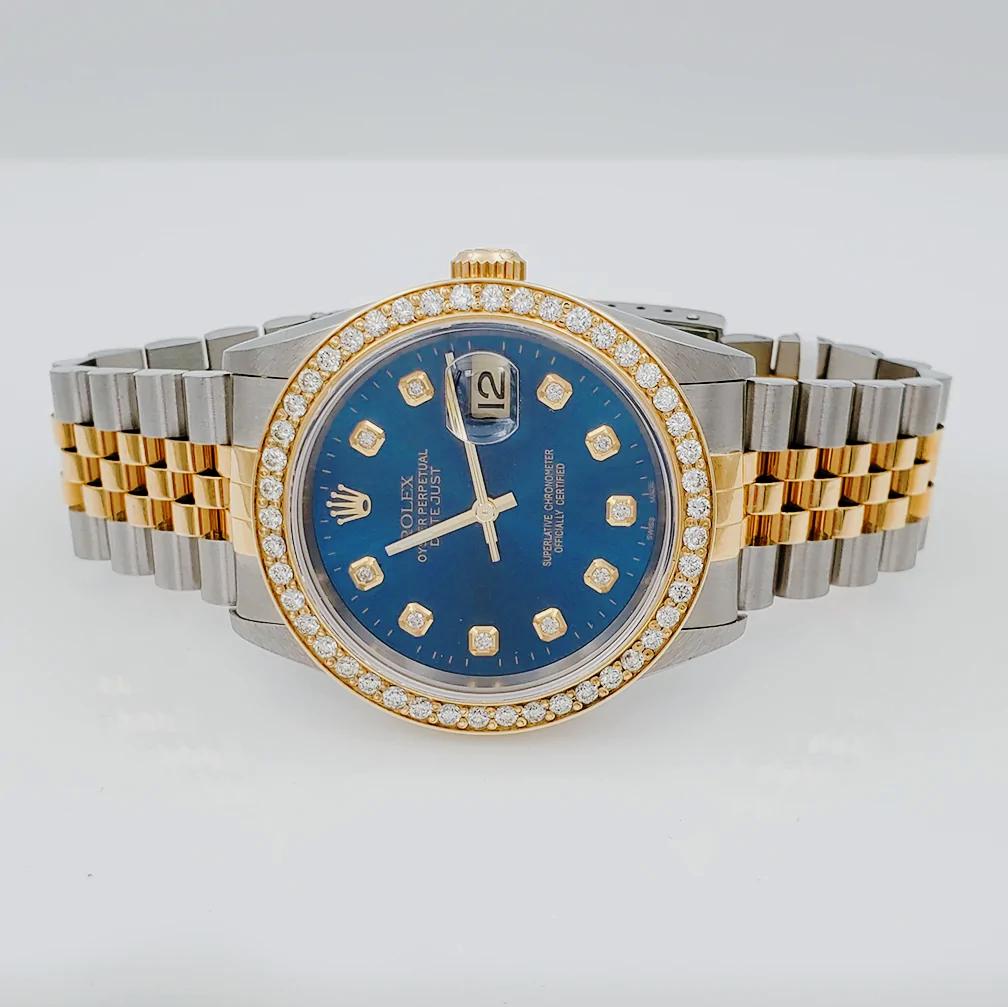 Men's Rolex 36mm DateJust 18K Gold / Stainless Steel Two Tone Watch with Blue Diamond Dial and Diamond Bezel. (NEW 16233)