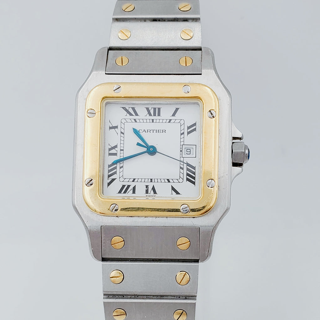 Men's Large Cartier Santos Watch with 18K Yellow Gold / Stainless Steel and White Dial. (Pre-Owned)