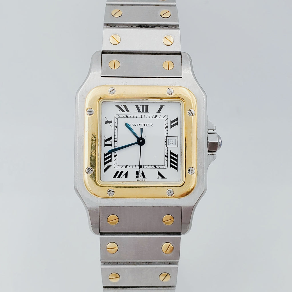 Men's Large Cartier Santos Watch with 18K Yellow Gold / Stainless Steel and White Dial. (Pre-Owned)