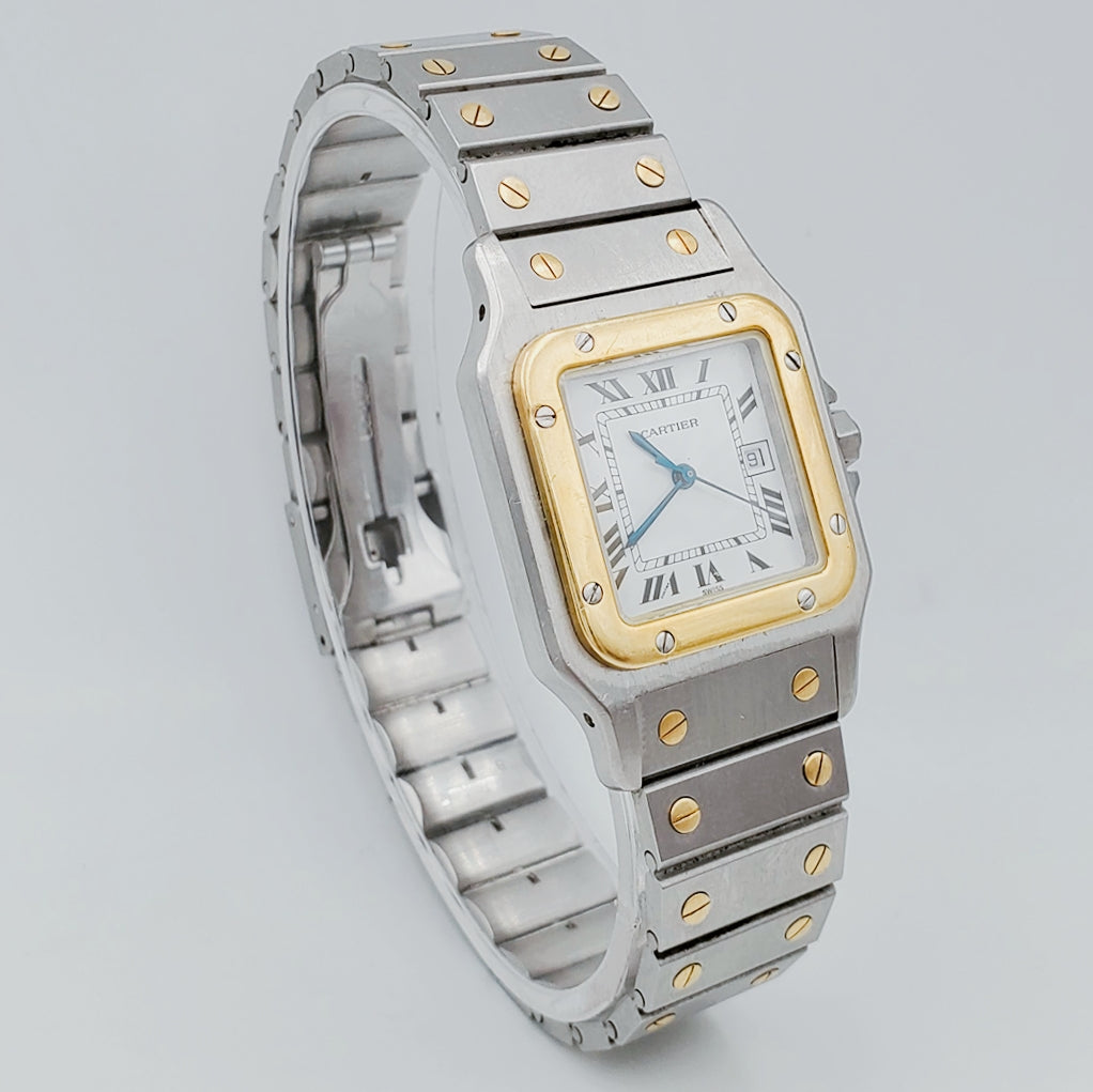 Men's Large Cartier Santos Watch with 18K Yellow Gold / Stainless Steel and White Dial. (Pre-Owned)