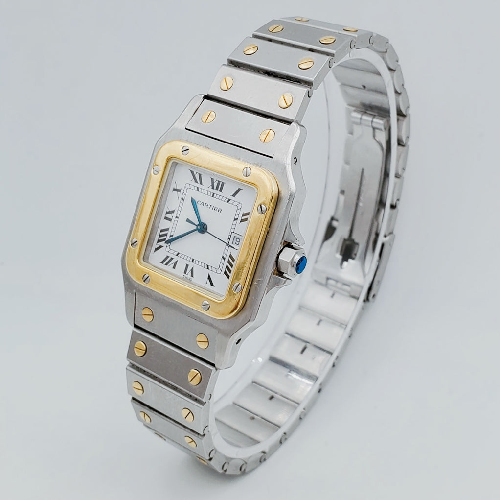 Men's Large Cartier Santos Watch with 18K Yellow Gold / Stainless Steel and White Dial. (Pre-Owned)