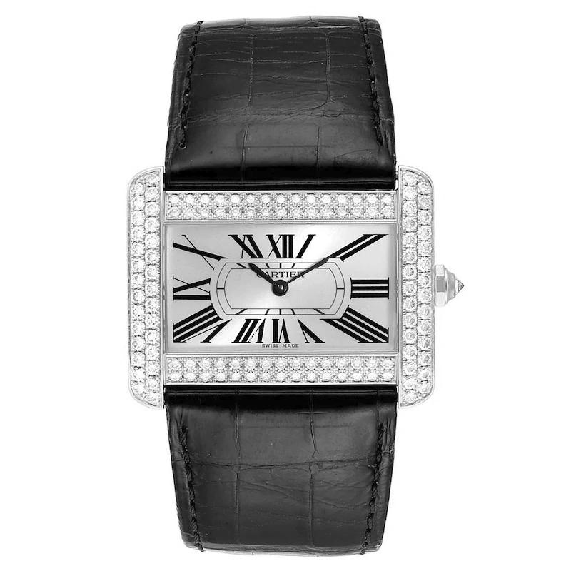Ladies Cartier Divan Stainless Steel Watch with Leather Band and Diamond Bezel. WA301770