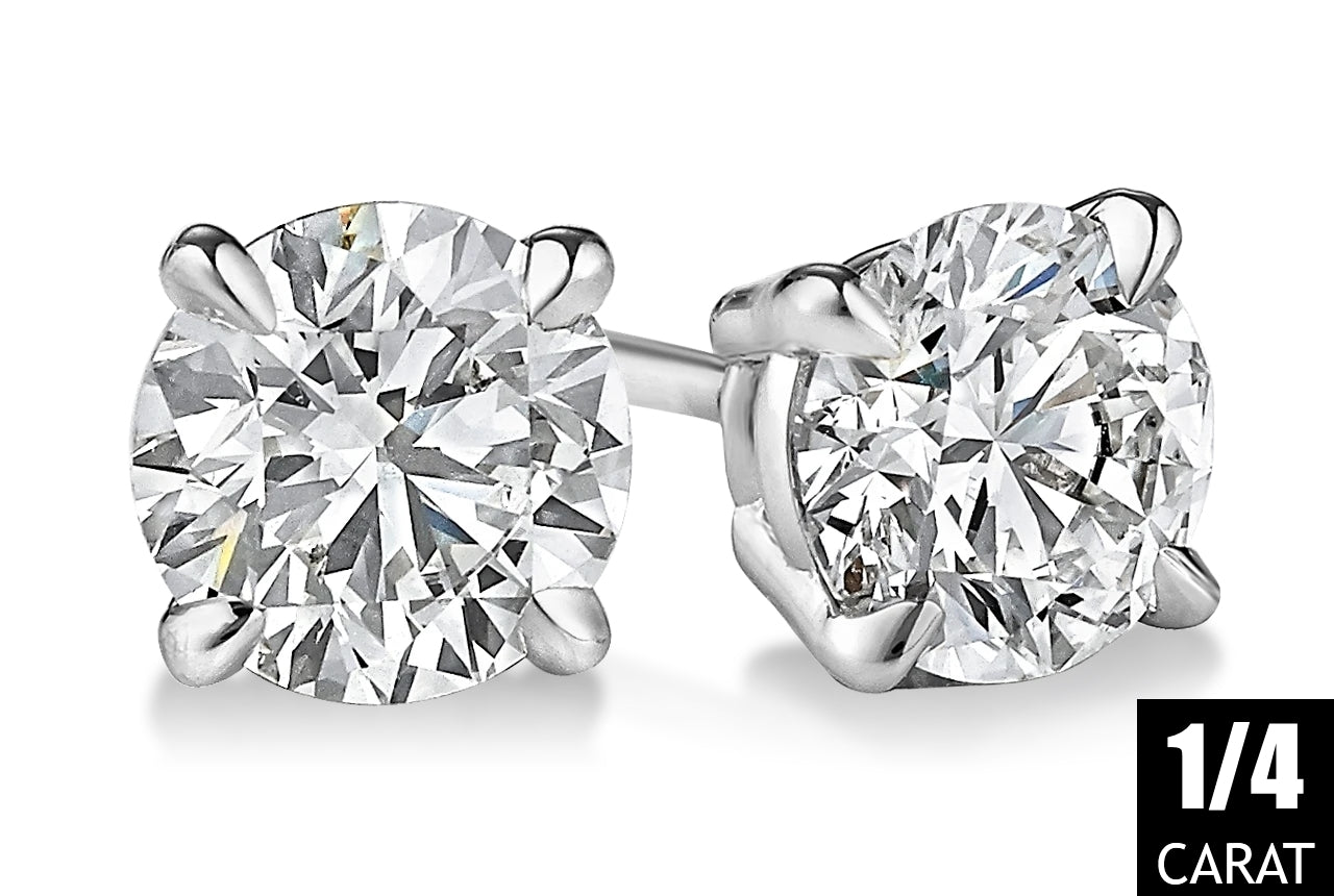 14K White Gold Four Prong Round Diamond Stud Earrings. (Available Carat 1/4CT - 1/2CT - 3/4CT - 1CT)