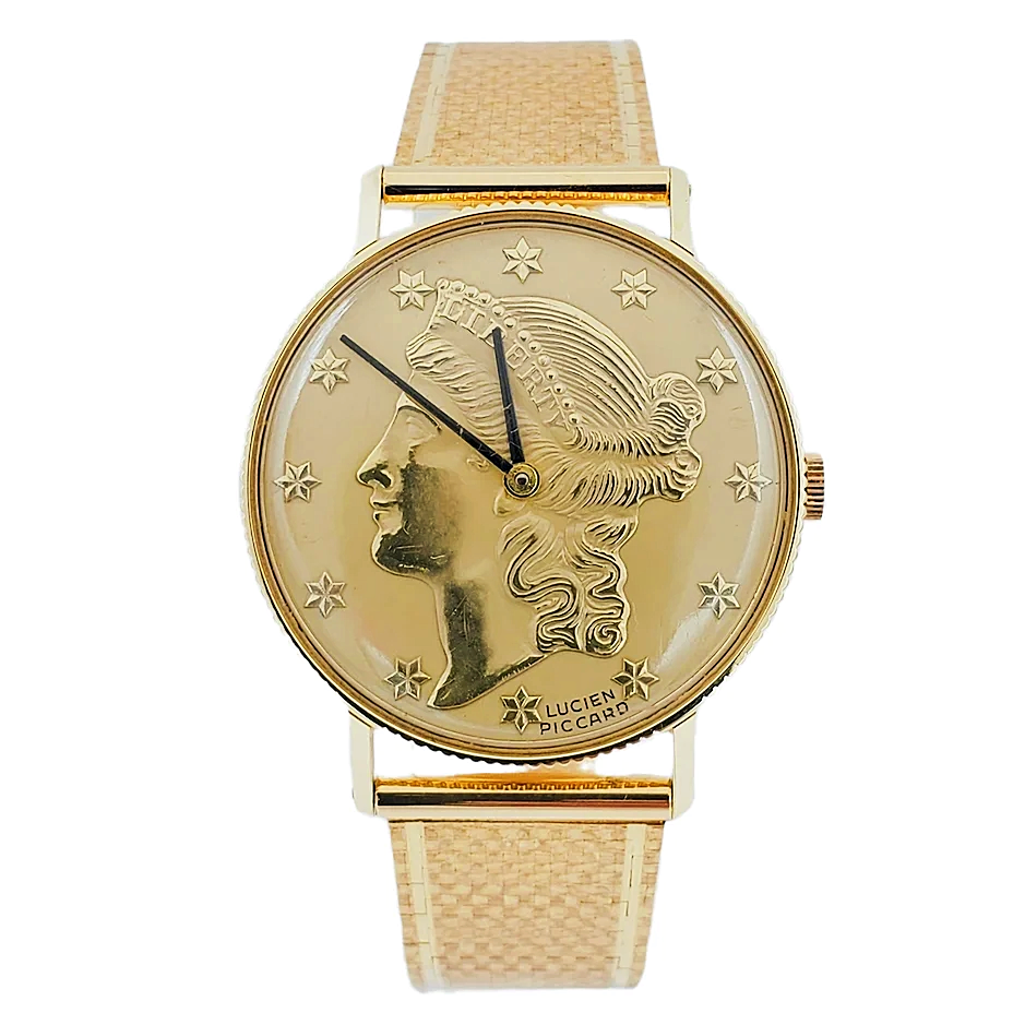 Ladies Lucien Piccard Liberty 18K Yellow Gold Coin Watch with Solid Gold Band. 