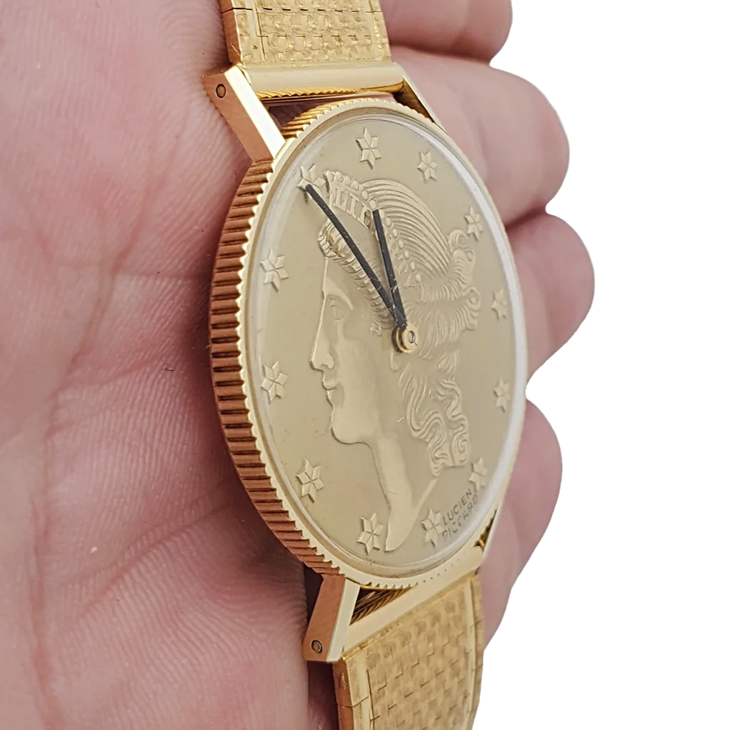 Ladies Lucien Piccard Liberty 18K Yellow Gold Coin Watch with Solid Gold Band. (Pre-Owned)