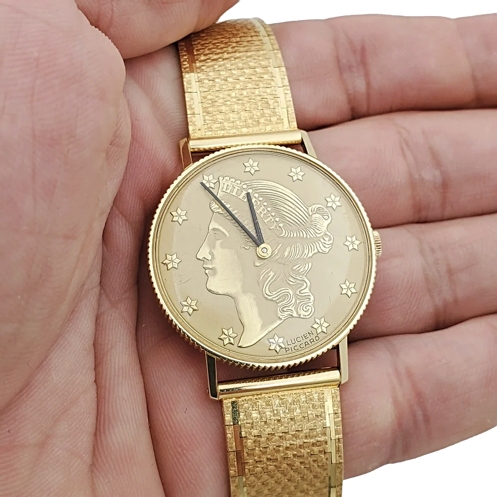 Ladies Lucien Piccard Liberty 18K Yellow Gold Coin Watch with Solid Gold Band. (Pre-Owned)