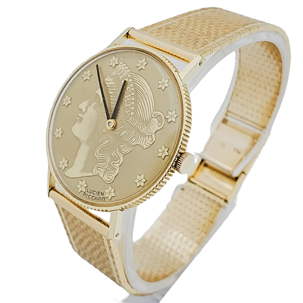 Ladies Lucien Piccard Liberty 18K Yellow Gold Coin Watch with Solid Gold Band. (Pre-Owned)
