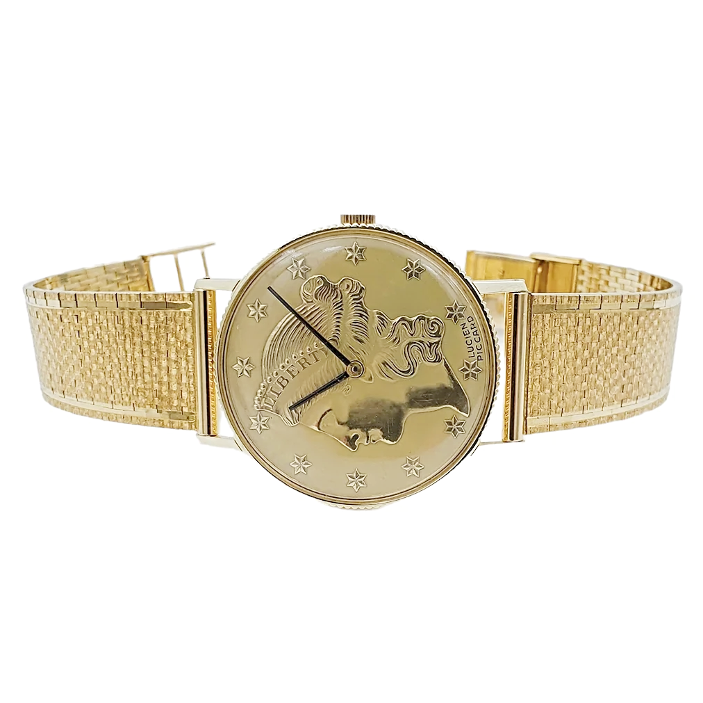 Ladies Lucien Piccard Liberty 18K Yellow Gold Coin Watch with Solid Gold Band. (Pre-Owned)