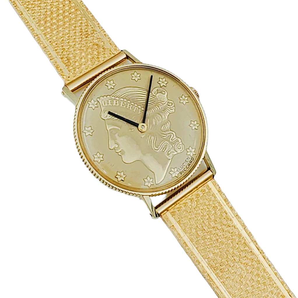 Ladies Lucien Piccard Liberty 18K Yellow Gold Coin Watch with Solid Gold Band. (Pre-Owned)