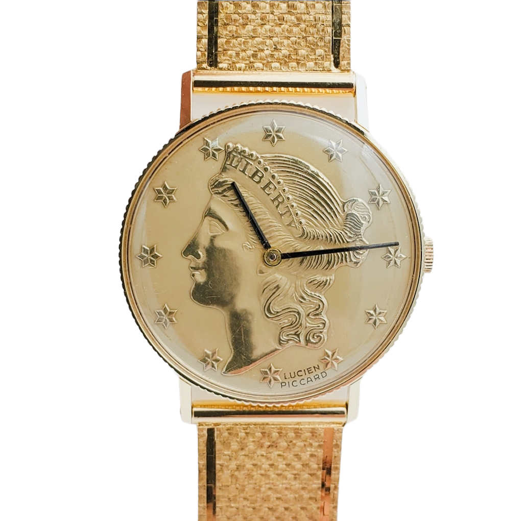 Ladies Lucien Piccard Liberty 18K Yellow Gold Coin Watch with Solid Gold Band. (Pre-Owned)