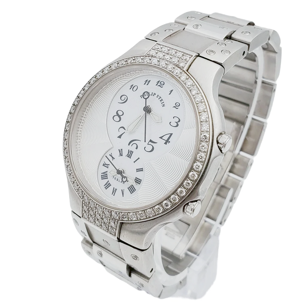 Ladies Philip Stein Teslar 33mm Stainless Steel Watch with Mother of Pearl Dial and Diamond Bezel. (Pre-Owned)