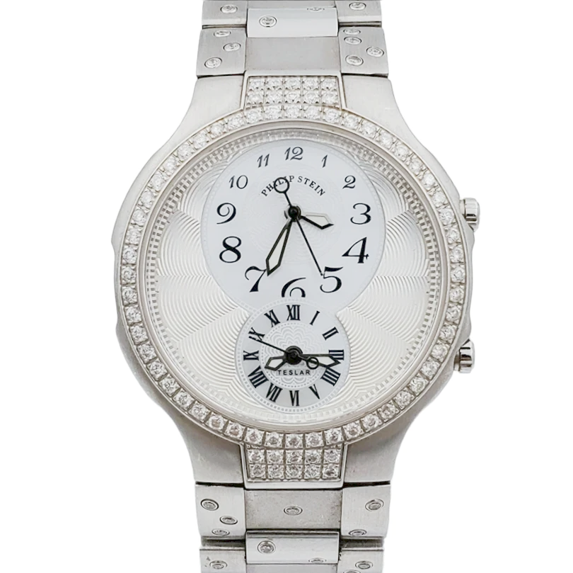 Ladies Philip Stein Teslar 33mm Stainless Steel Watch with Mother of Pearl Dial and Diamond Bezel. (Pre-Owned)