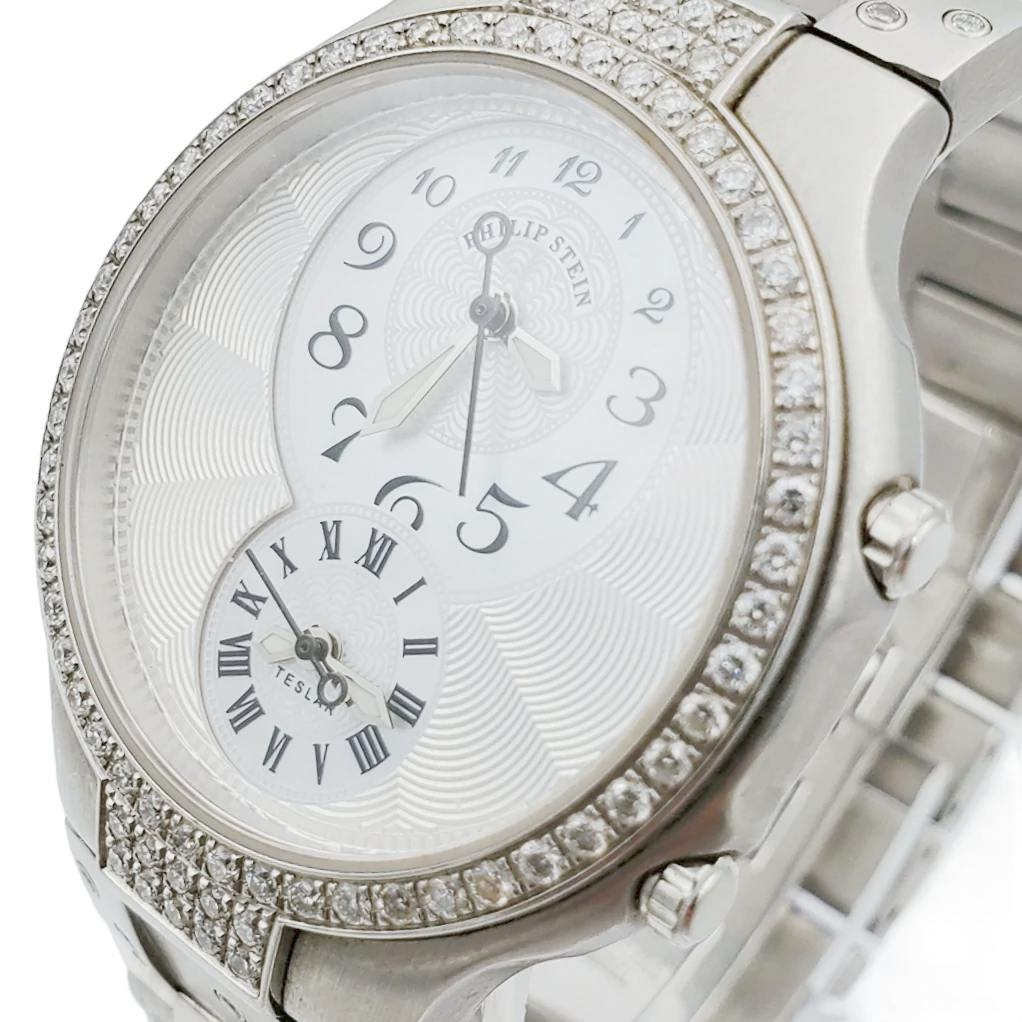 Ladies Philip Stein Teslar 33mm Stainless Steel Watch with Mother of Pearl Dial and Diamond Bezel. (Pre-Owned)