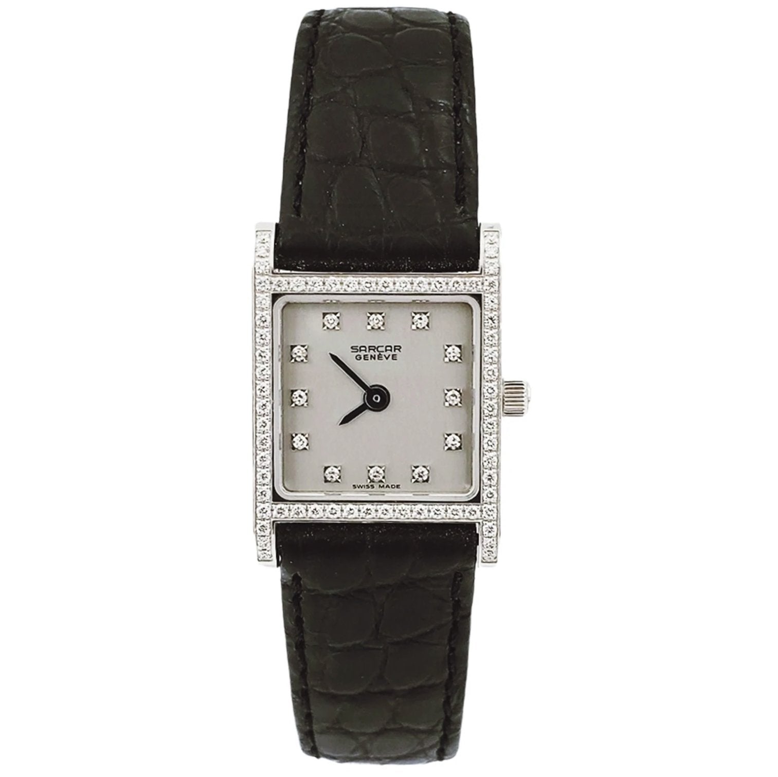 Ladies Sarcar Time Square Lady 18K White Gold Watch with Black Leather Band, Silver Diamond Dial and Diamond Bezel. 51503