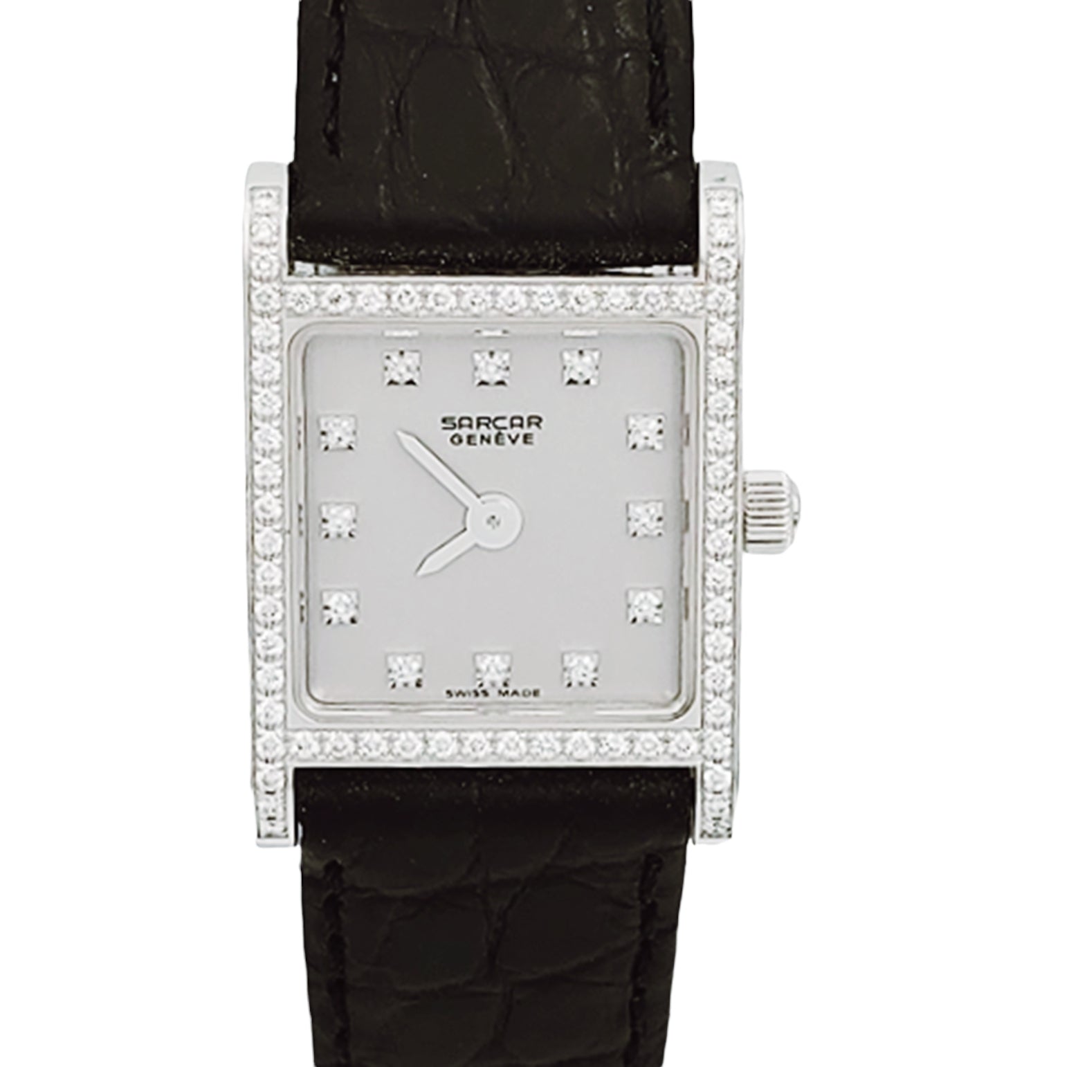 Ladies Sarcar Time Square Lady 18K White Gold Watch with Black Leather Band, Silver Diamond Dial and Diamond Bezel. (NEW 51503)