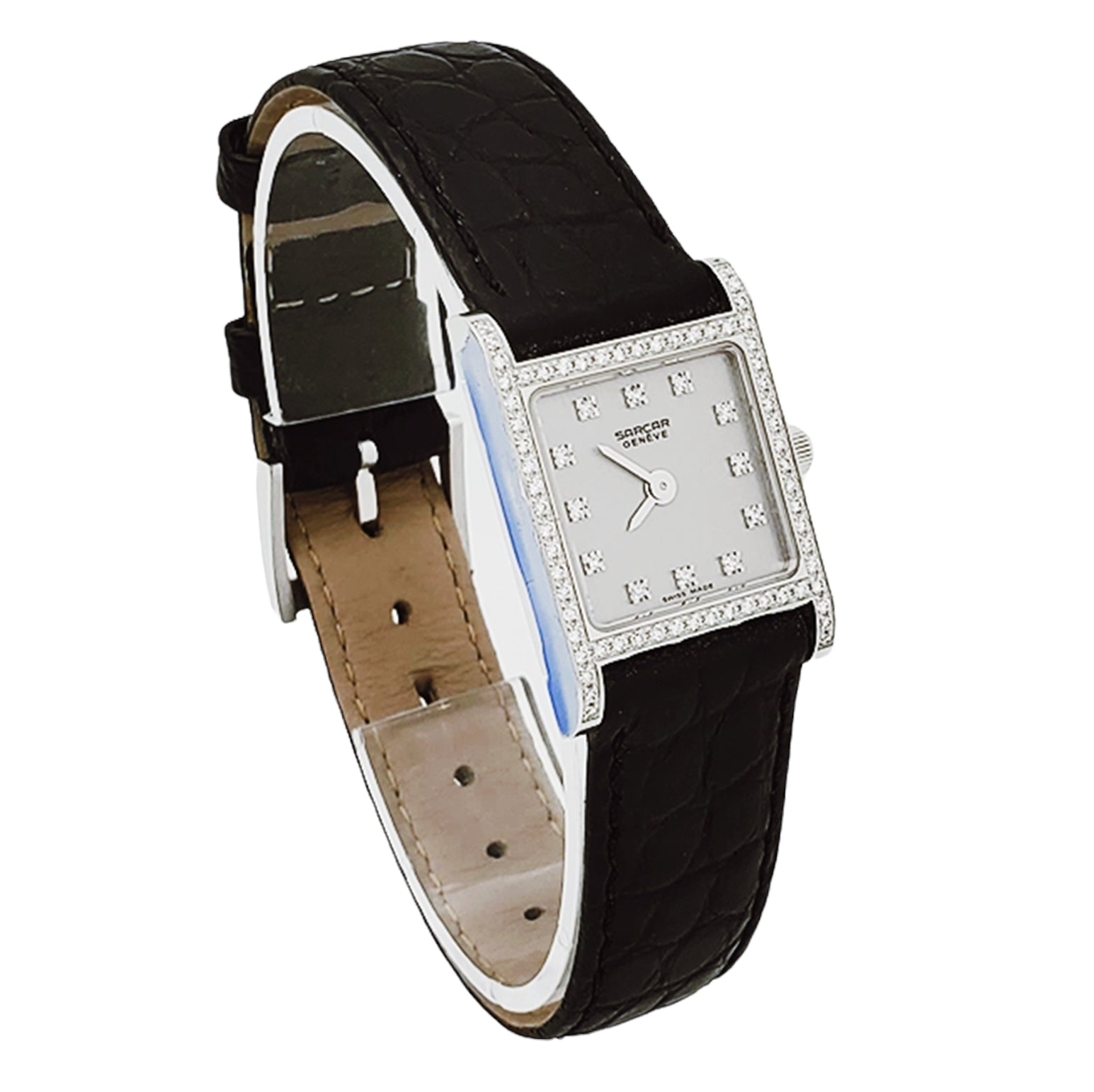 Ladies Sarcar Time Square Lady 18K White Gold Watch with Black Leather Band, Silver Diamond Dial and Diamond Bezel. (NEW 51503)