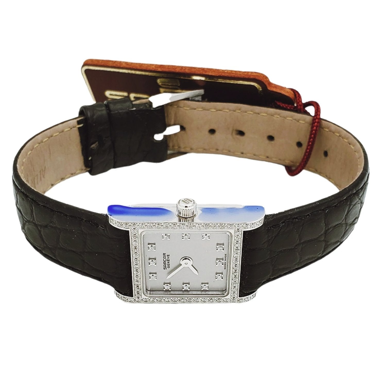 Ladies Sarcar Time Square Lady 18K White Gold Watch with Black Leather Band, Silver Diamond Dial and Diamond Bezel. (NEW 51503)