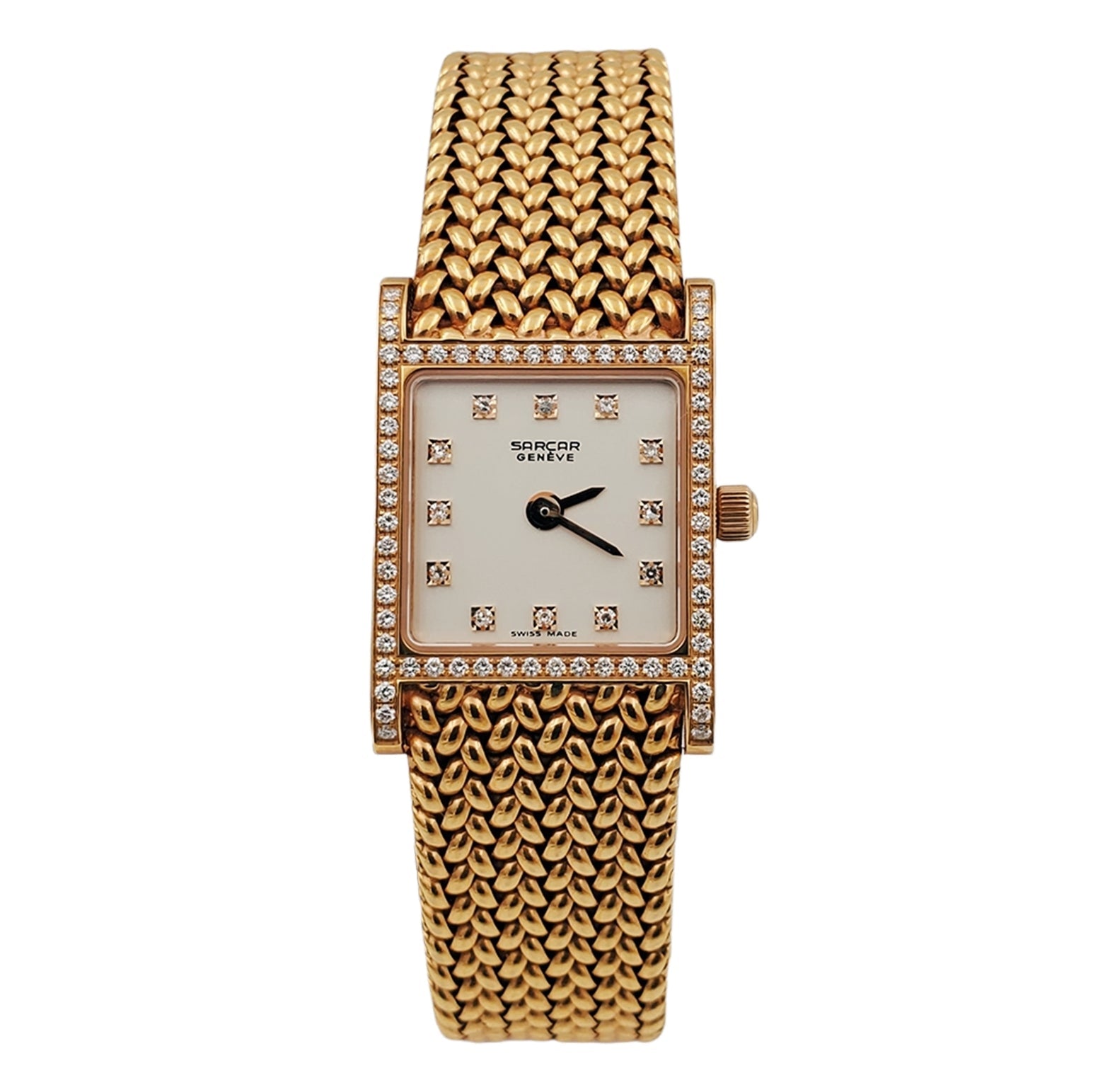 Ladies Sarcar Time Square Lady 18K Yellow Gold Watch with Solid Gold Band, Pearl White Diamond Dial and Diamond Bezel. 51503
