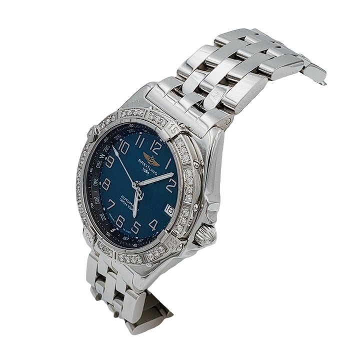 Men's Breitling A10350 Wings 38mm Stainless Steel Watch with Blue Dial and Diamond Bezel. (Pre-Owned)