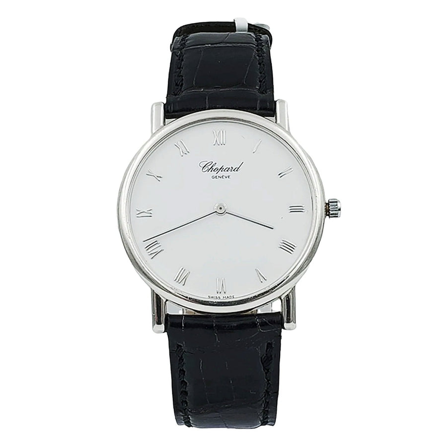 Men's Chopard 32mm Classique Homme Vintage 18K White Gold Watch with Black Leather Strap and White Dial. 