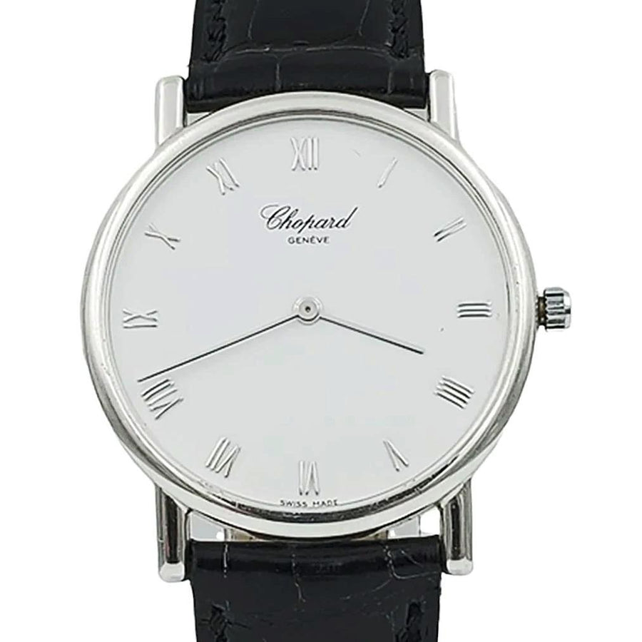 Men's Chopard 32mm Classique Homme Vintage 18K White Gold Watch with Black Leather Strap and White Dial. (Pre-Owned)