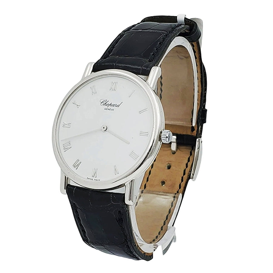 Men's Chopard 32mm Classique Homme Vintage 18K White Gold Watch with Black Leather Strap and White Dial. (Pre-Owned)