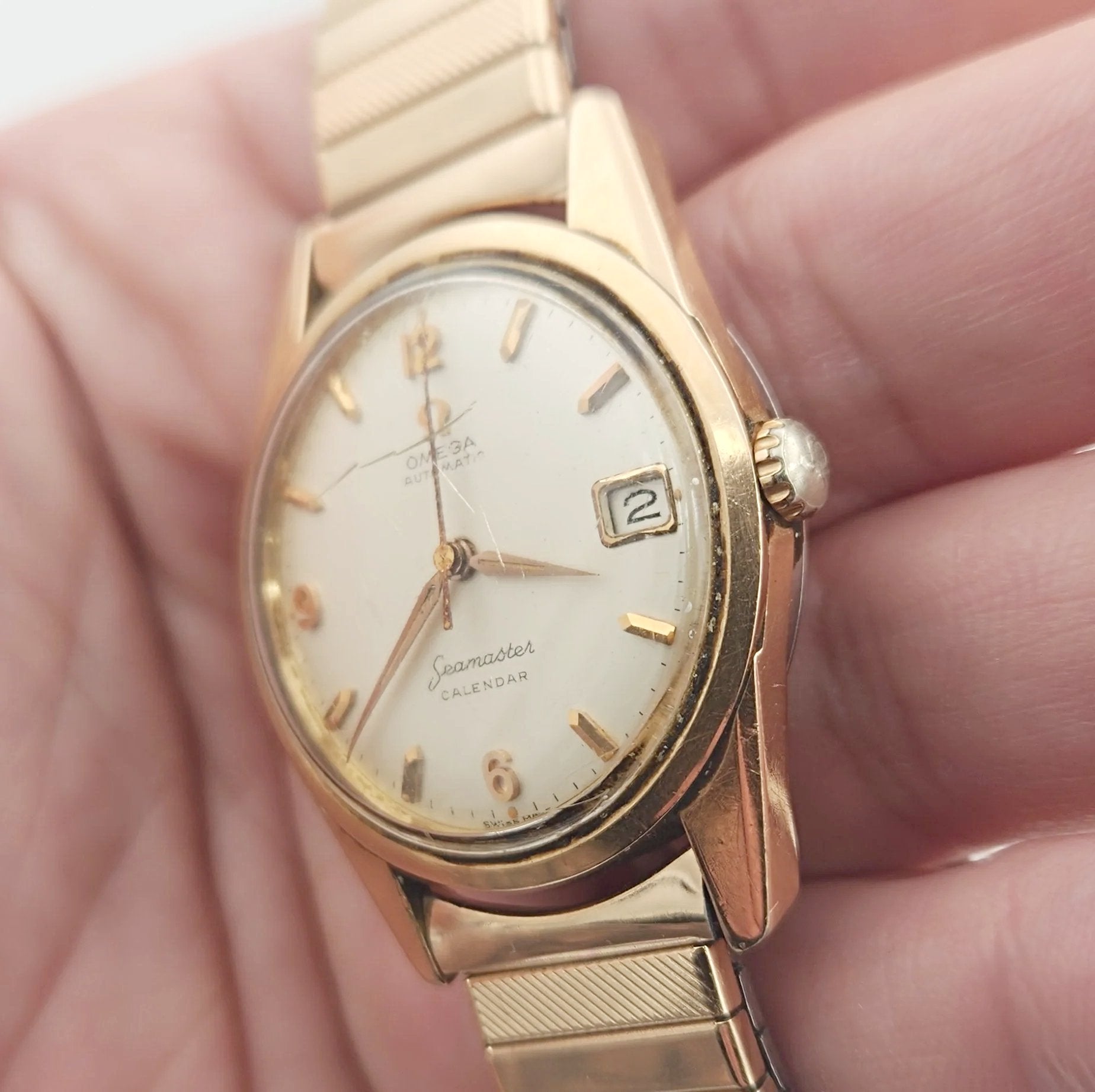 Men's Omega 34mm Vintage 1950's Seamaster Calendar Automatic Rose Gold Plated Watch. (Pre-Owned)