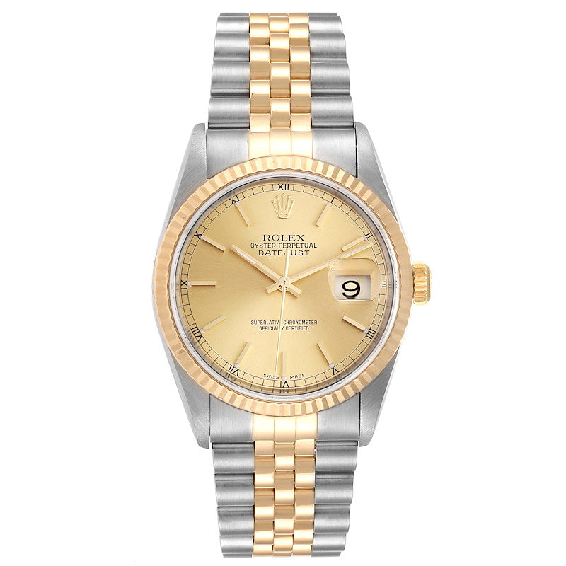 Men's Rolex 36mm DateJust 18K Gold / Stainless Steel Two-Tone Watch with Fluted Bezel and Champagne Dial. (NEW 16233)
