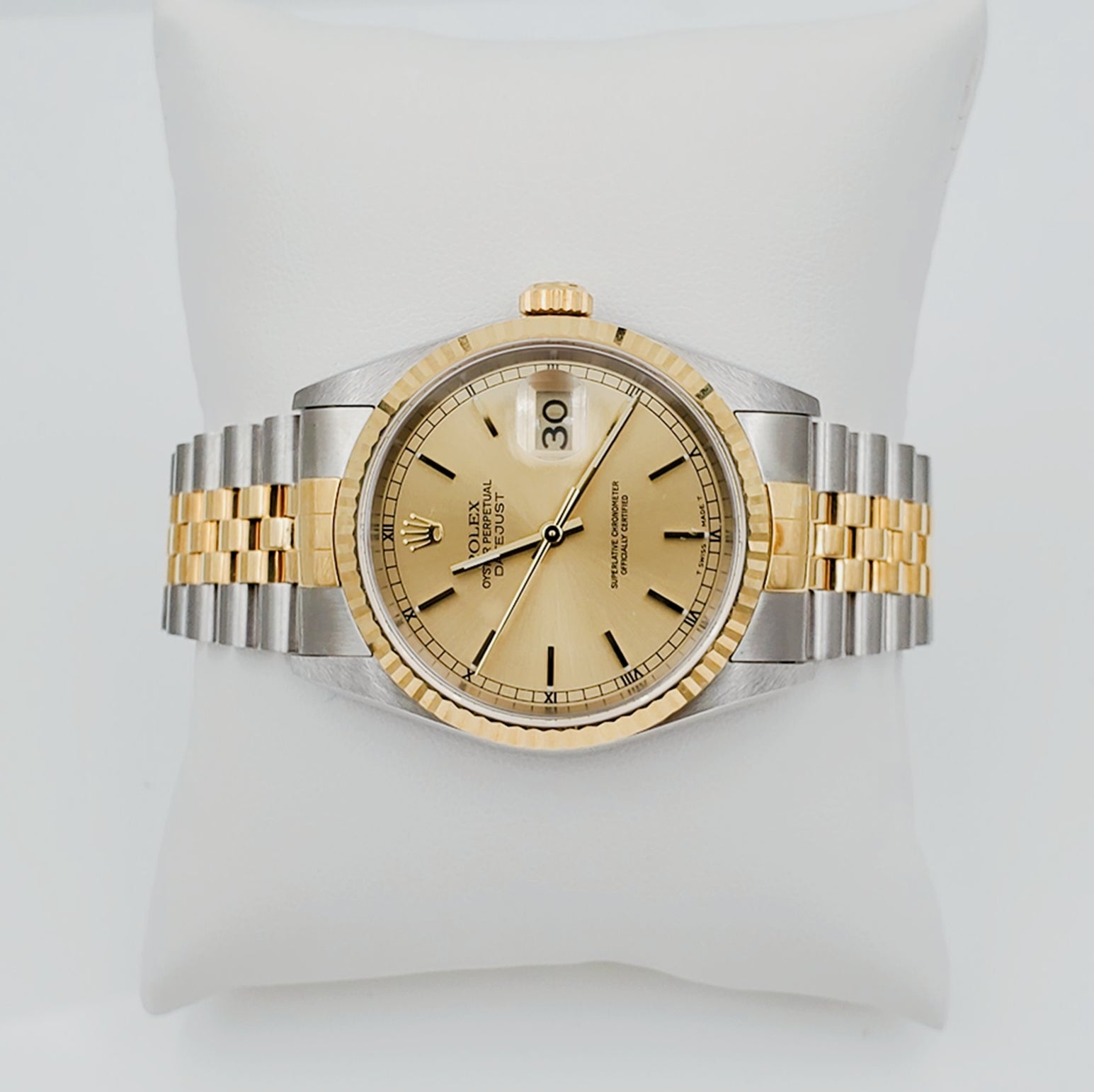 1998 Men's Rolex 36mm DateJust 18K Gold / Stainless Steel Two Tone Watch with Fluted Bezel and Champaign Dial. (UNWORN 16233)