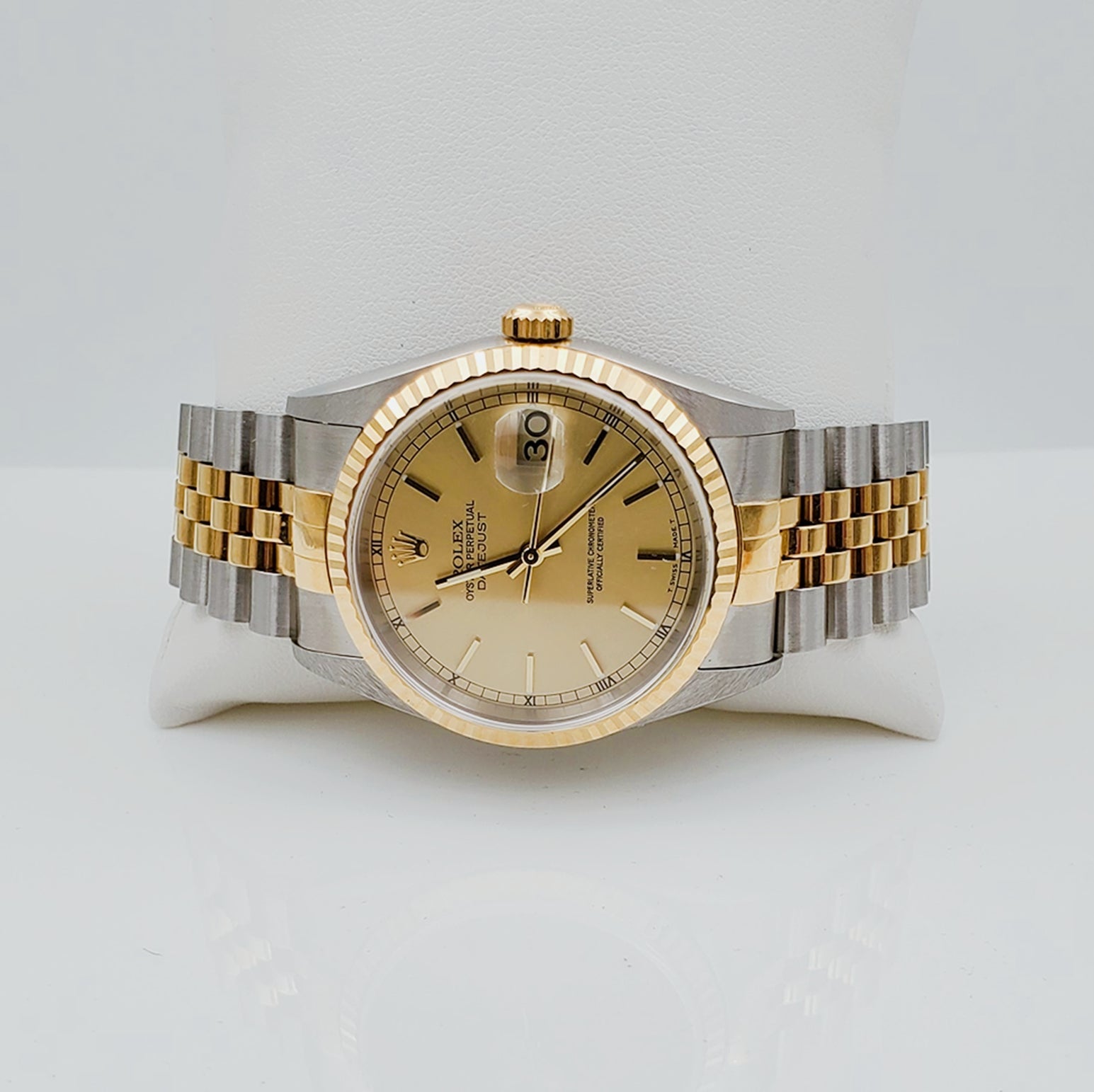 1998 Men's Rolex 36mm DateJust 18K Gold / Stainless Steel Two Tone Watch with Fluted Bezel and Champaign Dial. (UNWORN 16233)