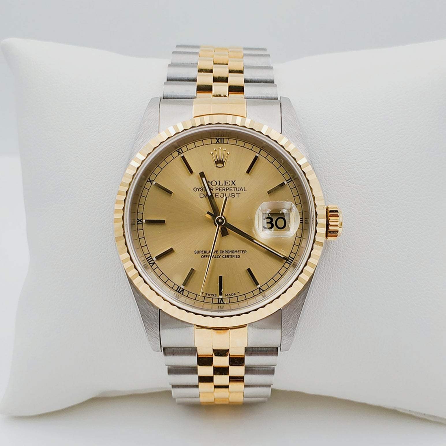 1998 Men's Rolex 36mm DateJust 18K Gold / Stainless Steel Two Tone Watch with Fluted Bezel and Champaign Dial. (UNWORN 16233)