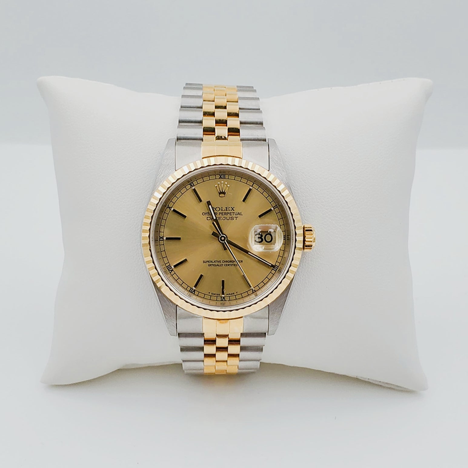 1998 Men's Rolex 36mm DateJust 18K Gold / Stainless Steel Two Tone Watch with Fluted Bezel and Champaign Dial. (UNWORN 16233)