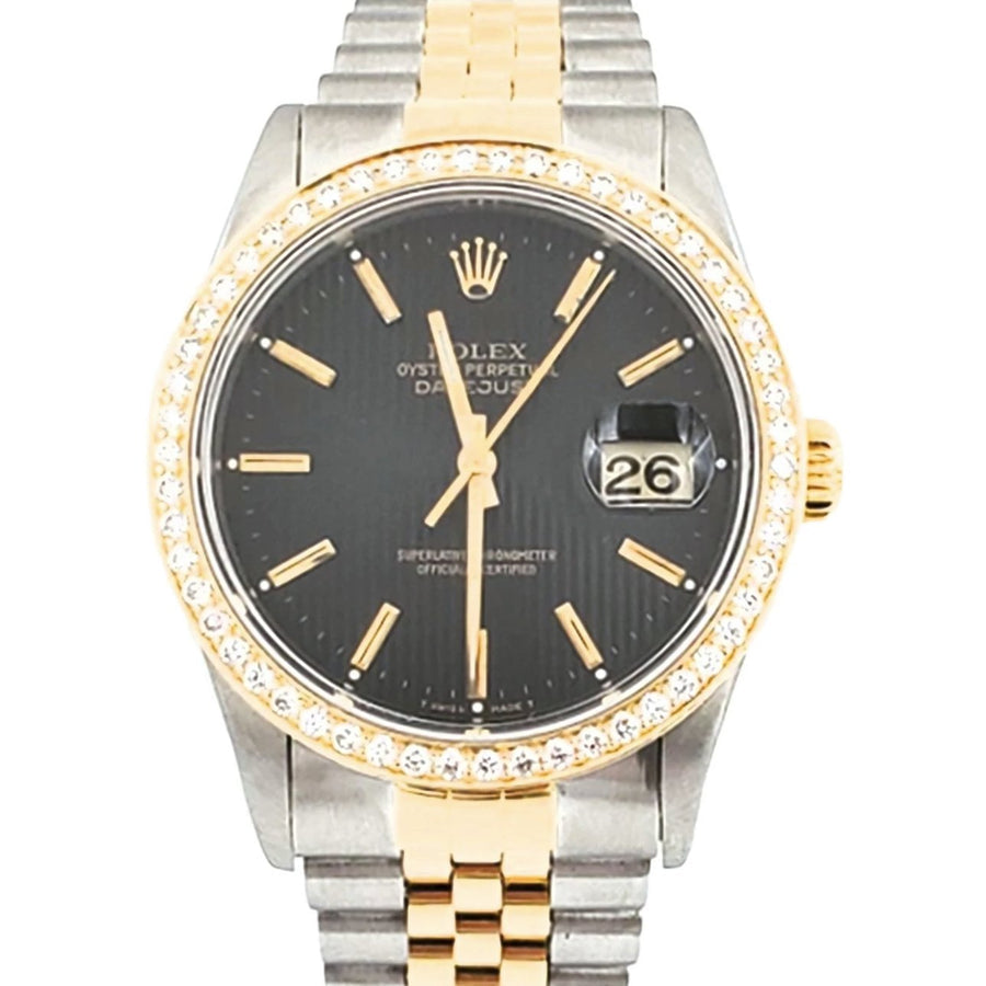 Men's Rolex 36mm DateJust 18K Yellow Gold / Stainless Steel Two Tone Watch with Black Dial and Diamond Bezel. (Pre-Owned 16233)