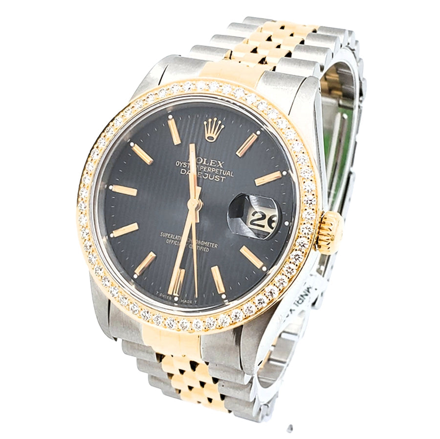 Men's Rolex 36mm DateJust 18K Yellow Gold / Stainless Steel Two Tone Watch with Black Dial and Diamond Bezel. (Pre-Owned 16233)
