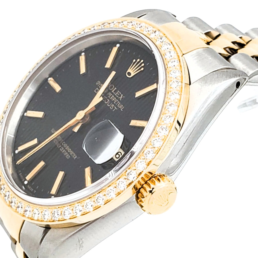 Men's Rolex 36mm DateJust 18K Yellow Gold / Stainless Steel Two Tone Watch with Black Dial and Diamond Bezel. (Pre-Owned 16233)
