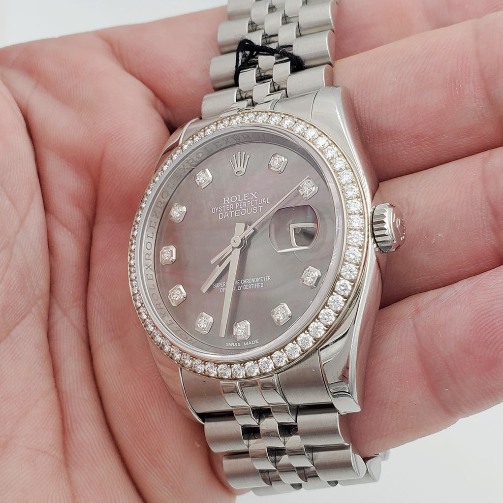 Men's Rolex 36mm DateJust Stainless Steel Watch with Mother of Peal Diamond Dial and Diamond Bezel. (Pre-Owned 116244)