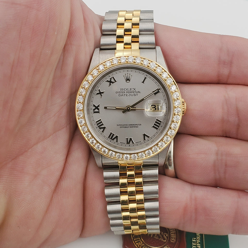 1997 Men's Rolex 36mm DateJust Two Tone 18K Gold / Stainless Steel Watch with Silver Dial and 2CT Diamond Bezel. (UNWORN 16233)