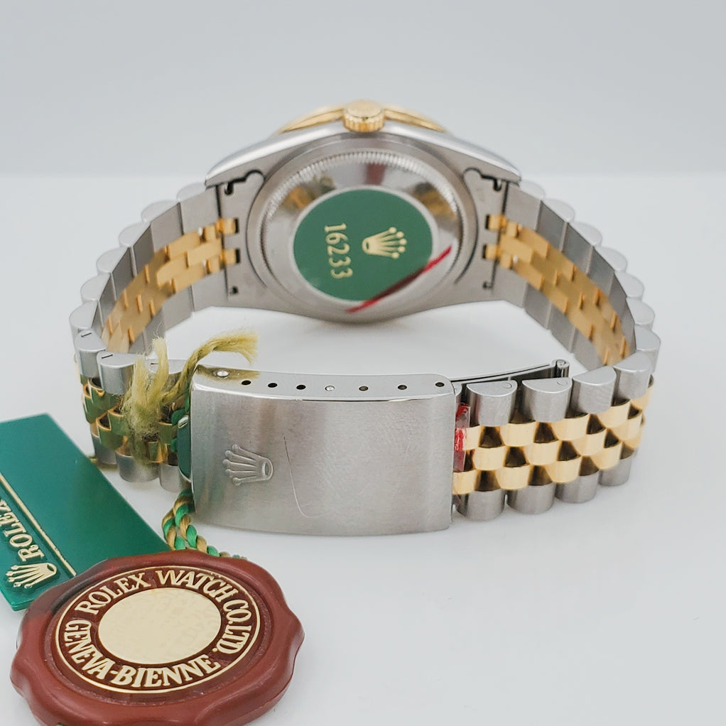 1997 Men's Rolex 36mm DateJust Two Tone 18K Gold / Stainless Steel Watch with Silver Dial and 2CT Diamond Bezel. (UNWORN 16233)
