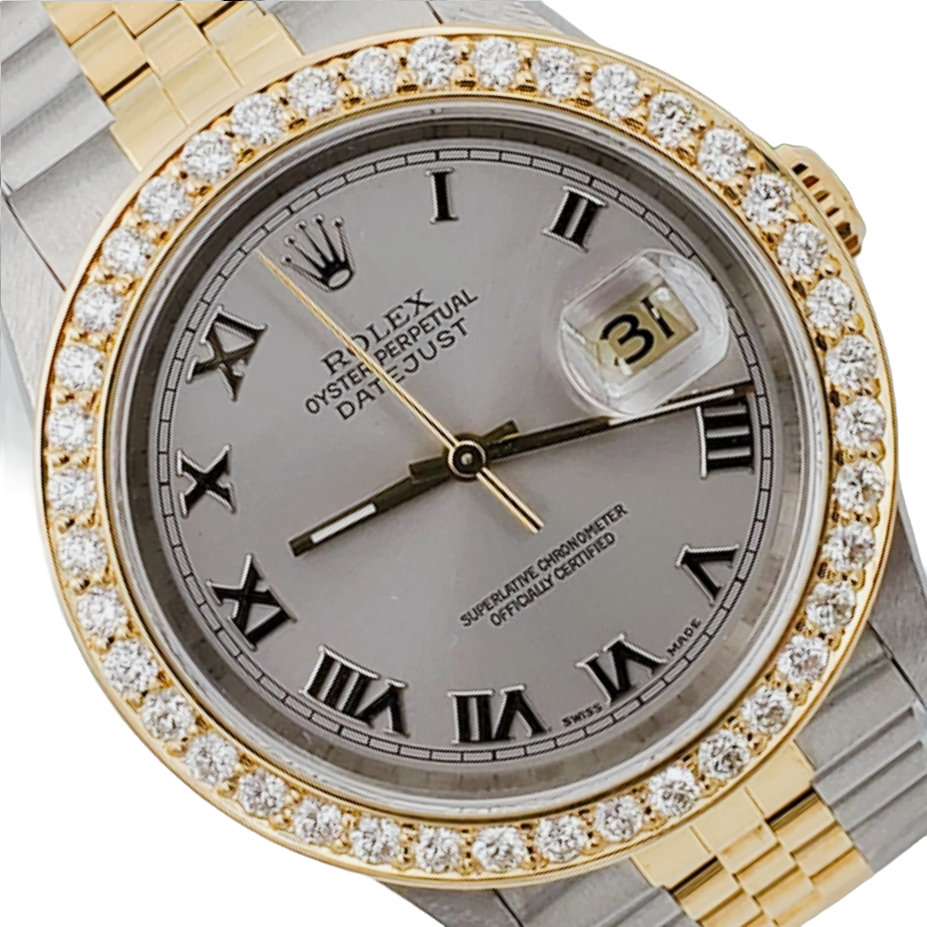 1997 Men's Rolex 36mm DateJust Two Tone 18K Gold / Stainless Steel Watch with Silver Dial and 2CT Diamond Bezel. (UNWORN 16233)